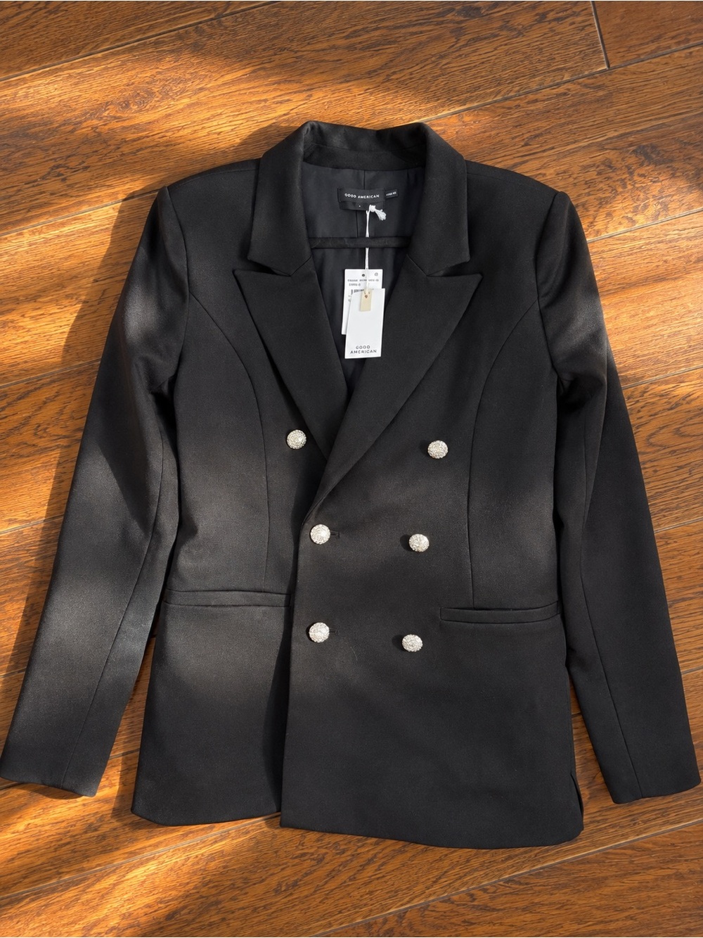 Good American Black Double-Breasted Blazer with Rhinestone Buttons Sz L NWT
